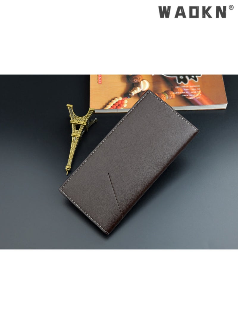 WAOKN Selected material men's money clip, exclusive ultra-thin design for youth, fashionable men's long wallet, multiple card slots with large capacity, showcasing gentlemanly demeanor（Dark Coffee）  - Image 2