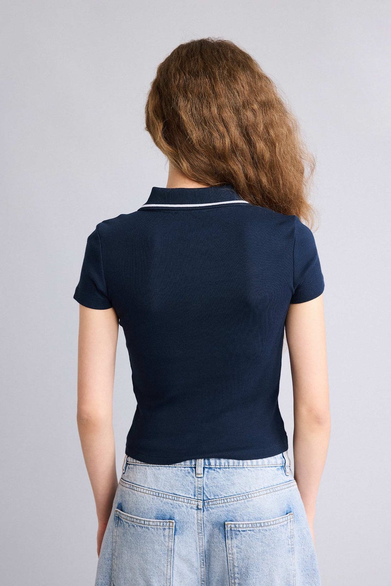 DeFacto Blue Woman Fitted Polo Neck Ribbed T-Shirt Casual - Image 5