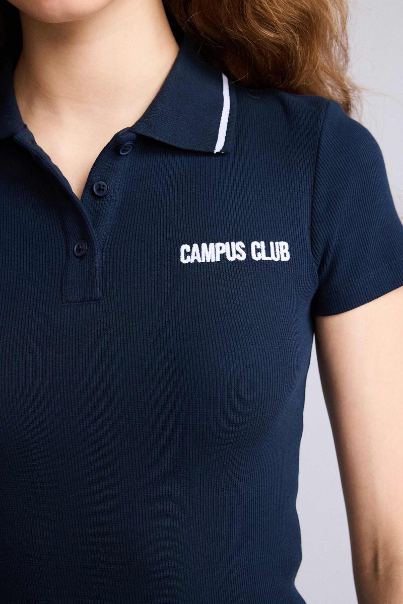 DeFacto Blue Woman Fitted Polo Neck Ribbed T-Shirt Casual - Image 4