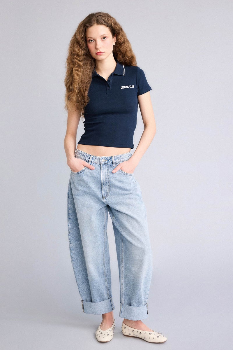 DeFacto Blue Woman Fitted Polo Neck Ribbed T-Shirt Casual - Image 2