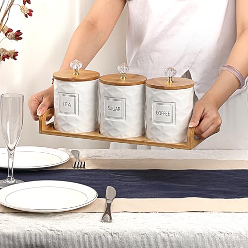 JUXYES Set of 3 Ceramic Canisters Set for Sugar Coffee Tea With Handle Tray, Luxurious Storage Containers Sets with Lids Decorative Storage Pots White Ceramic Storage Jar for Kitchen Dining Counter - Image 4