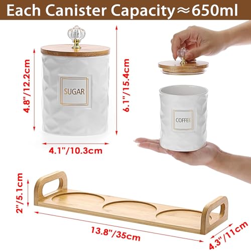 JUXYES Set of 3 Ceramic Canisters Set for Sugar Coffee Tea With Handle Tray, Luxurious Storage Containers Sets with Lids Decorative Storage Pots White Ceramic Storage Jar for Kitchen Dining Counter - Image 2