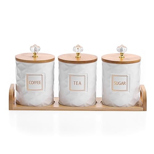 JUXYES Set of 3 Ceramic Canisters Set for Sugar Coffee Tea With Handle Tray, Luxurious Storage Containers Sets with Lids Decorative Storage Pots White Ceramic Storage Jar for Kitchen Dining Counter - Image 1