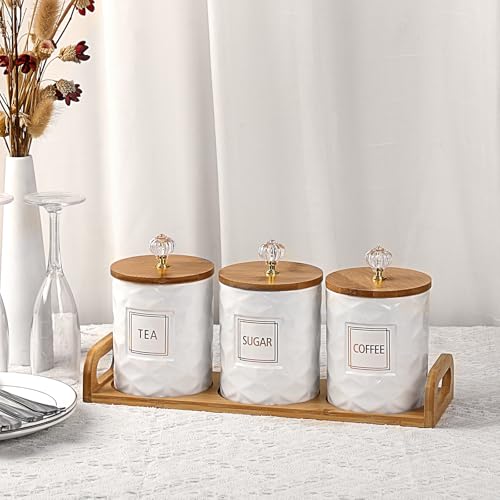 JUXYES Set of 3 Ceramic Canisters Set for Sugar Coffee Tea With Handle Tray, Luxurious Storage Containers Sets with Lids Decorative Storage Pots White Ceramic Storage Jar for Kitchen Dining Counter - Image 5