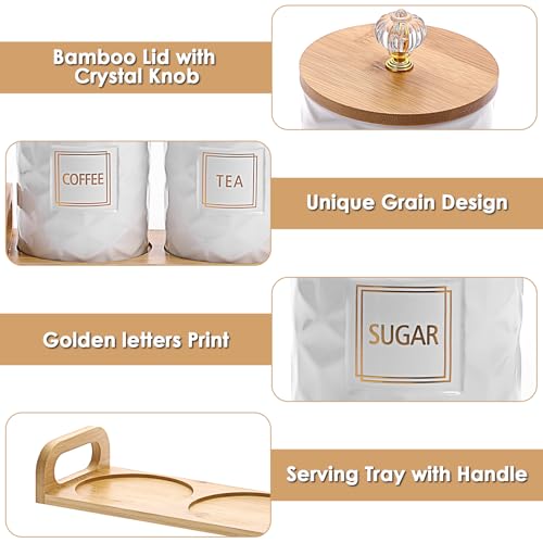 JUXYES Set of 3 Ceramic Canisters Set for Sugar Coffee Tea With Handle Tray, Luxurious Storage Containers Sets with Lids Decorative Storage Pots White Ceramic Storage Jar for Kitchen Dining Counter - Image 3