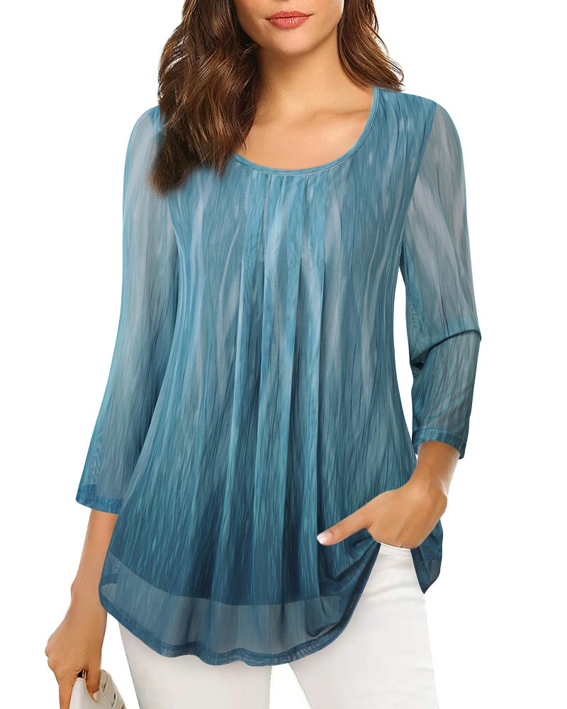 VALOLIA Spring Clothes For Women: Floral Blouse - 3/4 Sleeve Blouses For Women - Dressy Tops For Evening Wear Party Elegant Classy Comfy A-Line Pleated Front T-Shirt Blue Medium - Image 5