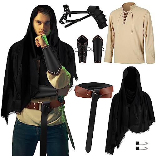 Leumoi 5 Pcs Men's Renaissance Faire Costume Set Halloween Medieval Costume Pirate Shirt Viking Belt Shawl Accessories(X-Large,Khaki) - Image 1