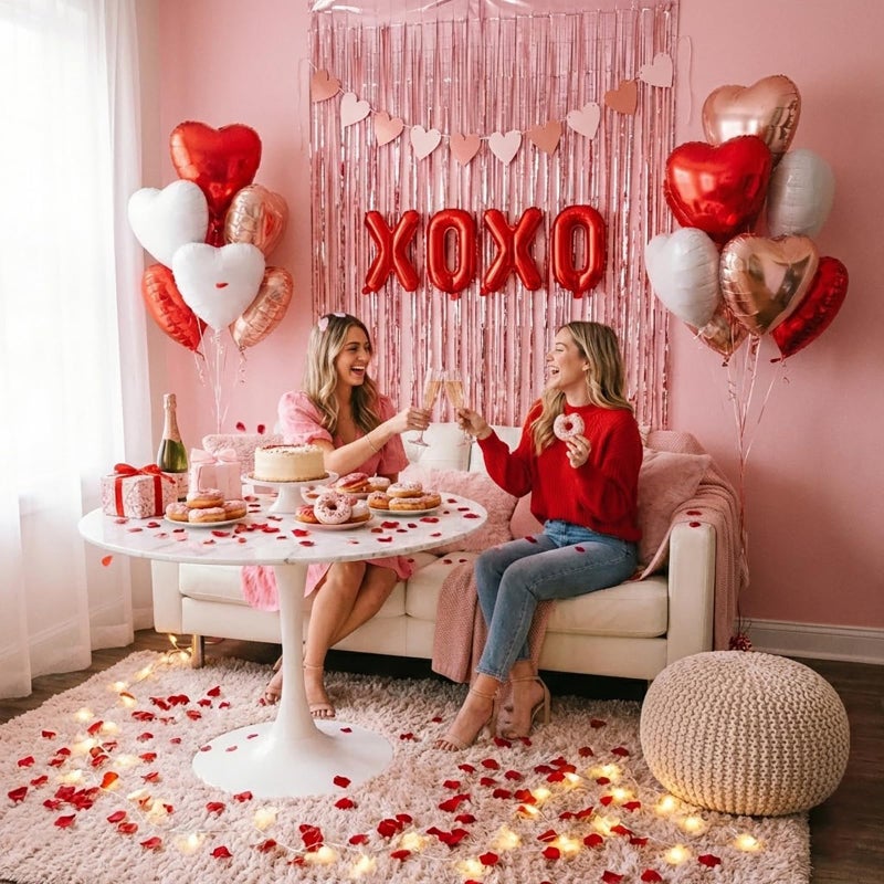 besttideyes Valentine's Day Decorations Set - Red & Pink Heart Foil Balloons, XOXO Letter Balloons, Rose Gold Fringe Curtains, Heart Garland & 300 Rose Petals for Anniversary Proposal Wedding Special Night Party - Image 2
