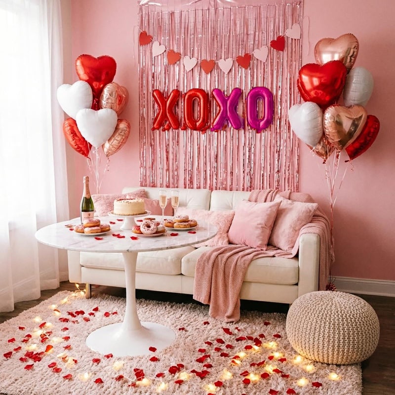 besttideyes Valentine's Day Decorations Set - Red & Pink Heart Foil Balloons, XOXO Letter Balloons, Rose Gold Fringe Curtains, Heart Garland & 300 Rose Petals for Anniversary Proposal Wedding Special Night Party - Image 1