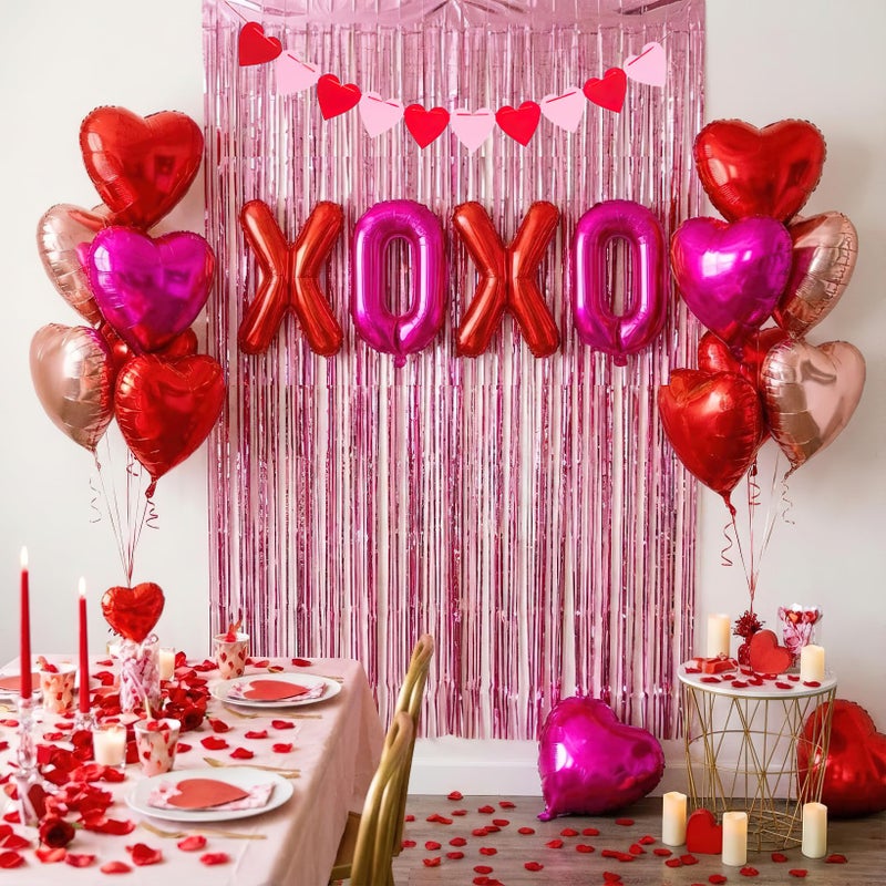 besttideyes Valentine's Day Decorations Set - Red & Pink Heart Foil Balloons, XOXO Letter Balloons, Rose Gold Fringe Curtains, Heart Garland & 300 Rose Petals for Anniversary Proposal Wedding Special Night Party - Image 4