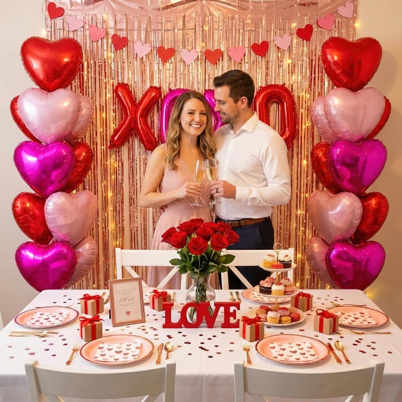 besttideyes Valentine's Day Decorations Set - Red & Pink Heart Foil Balloons, XOXO Letter Balloons, Rose Gold Fringe Curtains, Heart Garland & 300 Rose Petals for Anniversary Proposal Wedding Special Night Party - Image 5