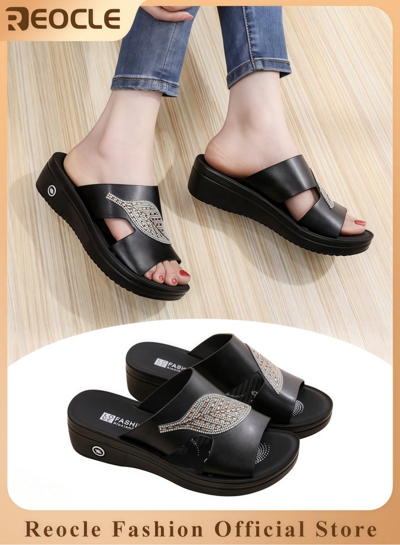 Women Fish Mouth Sandal Summer Simple and Elegant Retro Hollow Fish Mouth Women's Slippers Fashion Wedge Heel Sandals with Diamond Decoration