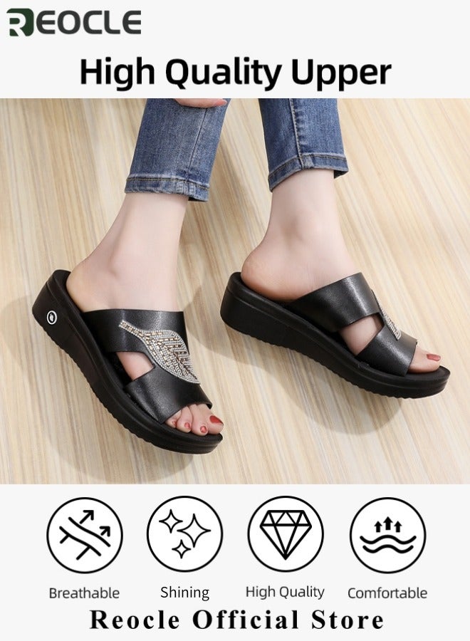 Women Fish Mouth Sandal Summer Simple and Elegant Retro Hollow Fish Mouth Women's Slippers Fashion Wedge Heel Sandals with Diamond Decoration