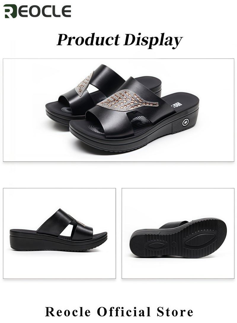 Women Fish Mouth Sandal Summer Simple and Elegant Retro Hollow Fish Mouth Women's Slippers Fashion Wedge Heel Sandals with Diamond Decoration
