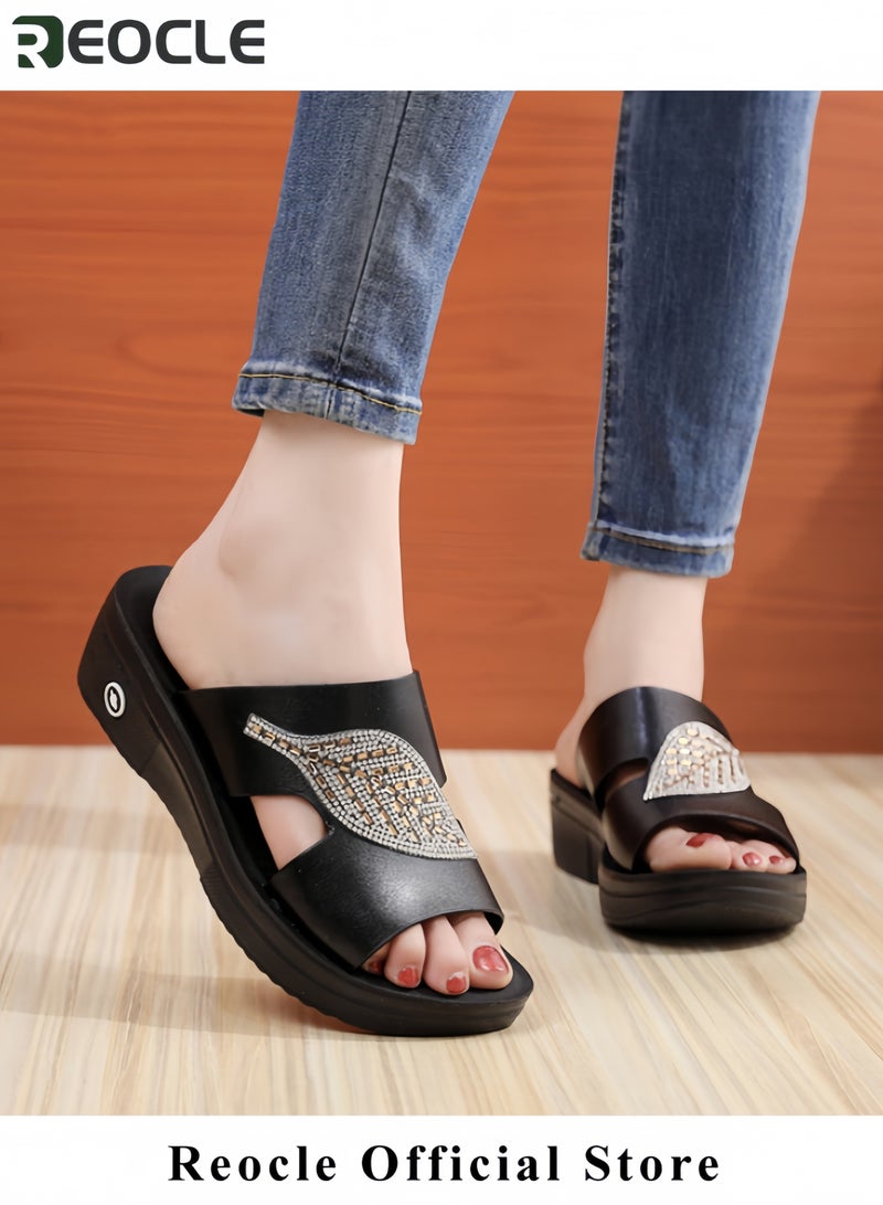 Women Fish Mouth Sandal Summer Simple and Elegant Retro Hollow Fish Mouth Women's Slippers Fashion Wedge Heel Sandals with Diamond Decoration