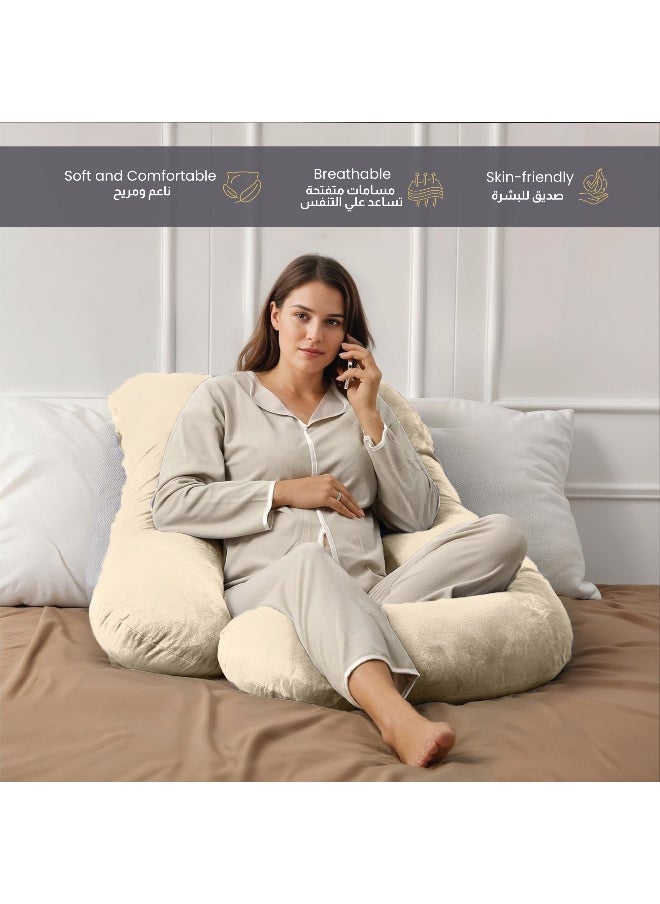 Rest Premium Velvet G Shaped Pregnancy Pillow 70X140Cm Maternity Full Body Pillow For Pregnant Women For Back , Hip , Neck And Knee Support With Removal Cover , Ivory  - Image 4