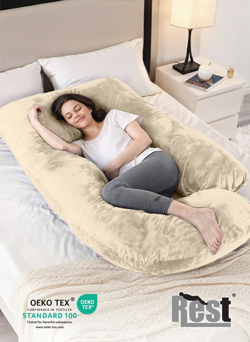 ريست وسادة حمل مخملية فاخرة على شكل حرف G مقاس 70 × 140 سم وسادة حمل كاملة للجسم للنساء الحوامل لدعم الظهر والورك والرقبة والركبة مع غطاء قابل للإزالة، عاجي - Image 2