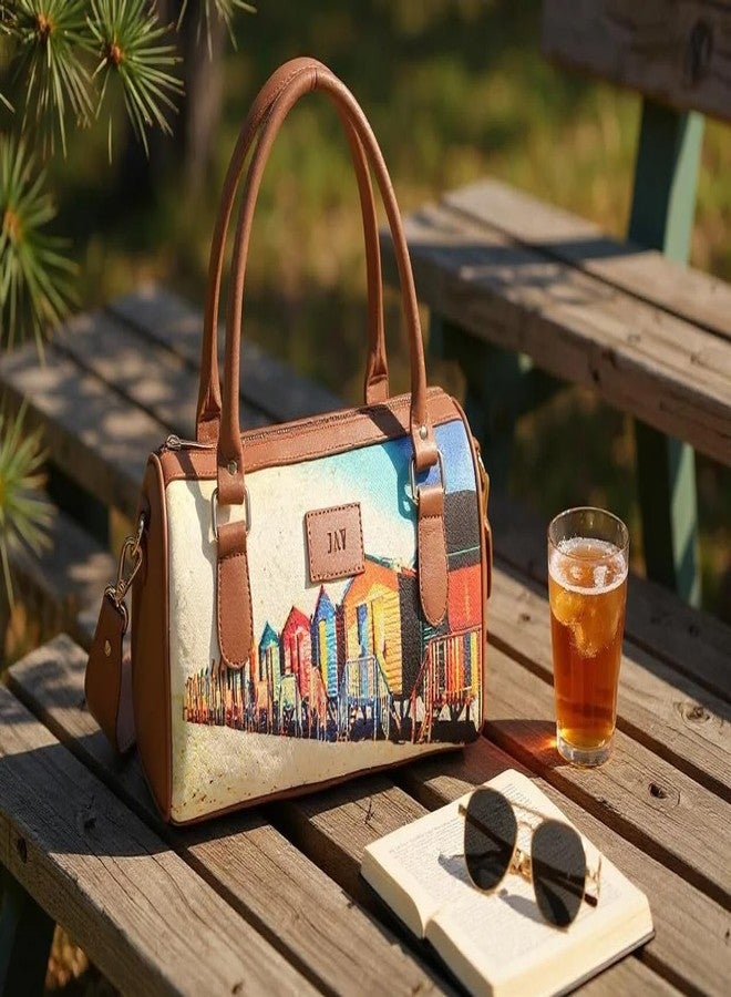 JAV Canvas Printed Tan Multicolor Duffle Handbag for Women | Compact Structured Shoulder Bag with Detachable Sling Strap | Zip Closure Casual Travel Purse - Image 2