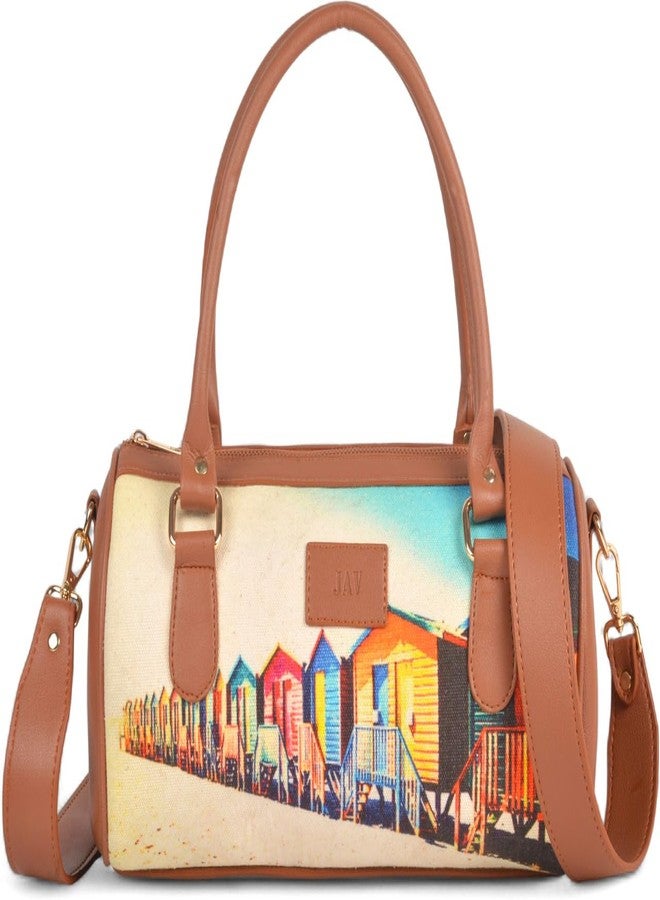 JAV Canvas Printed Tan Multicolor Duffle Handbag for Women | Compact Structured Shoulder Bag with Detachable Sling Strap | Zip Closure Casual Travel Purse - Image 1