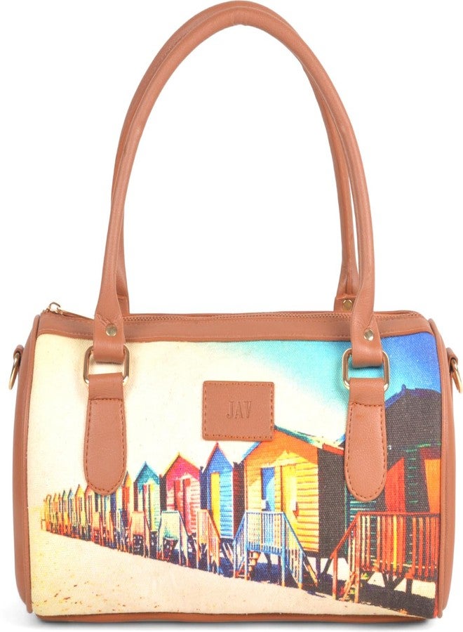 JAV Canvas Printed Tan Multicolor Duffle Handbag for Women | Compact Structured Shoulder Bag with Detachable Sling Strap | Zip Closure Casual Travel Purse - Image 4