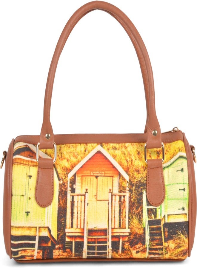 JAV Canvas Printed Tan Multicolor Duffle Handbag for Women | Compact Structured Shoulder Bag with Detachable Sling Strap | Zip Closure Casual Travel Purse - Image 3