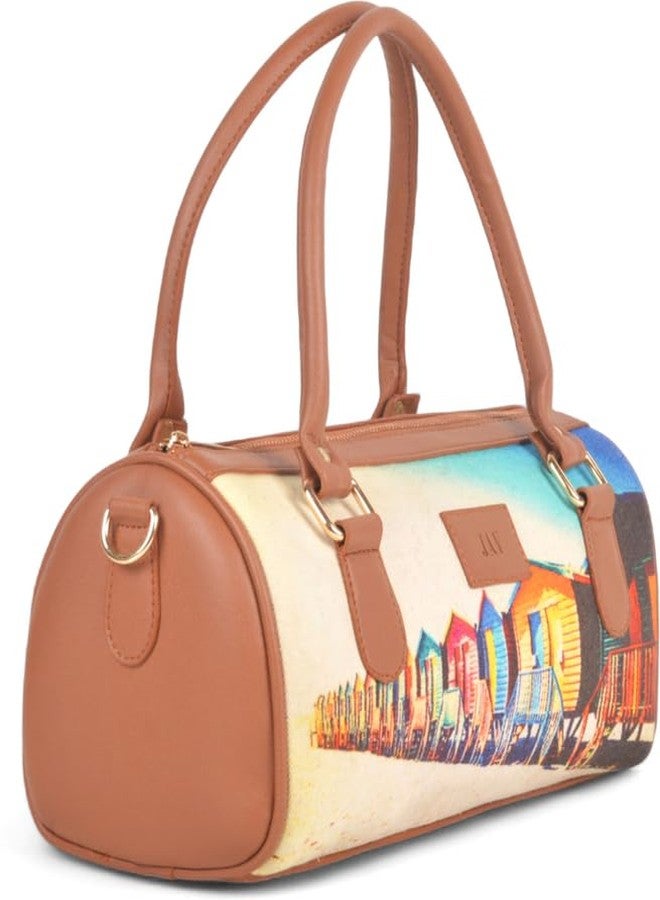 JAV Canvas Printed Tan Multicolor Duffle Handbag for Women | Compact Structured Shoulder Bag with Detachable Sling Strap | Zip Closure Casual Travel Purse - Image 5