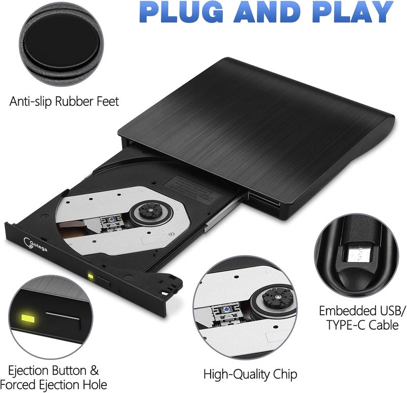 Gotega External DVD Drive USB 3.0 Type C USB C Portable CD/DVD +/-RW Disk Drive External DVD Player for Laptop CD/DVD ROM Burner Reader Compatible with Desktop PC Windows Linux OS Apple Mac - Image 3