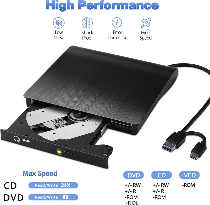 Gotega External DVD Drive USB 3.0 Type C USB C Portable CD/DVD +/-RW Disk Drive External DVD Player for Laptop CD/DVD ROM Burner Reader Compatible with Desktop PC Windows Linux OS Apple Mac - Image 2