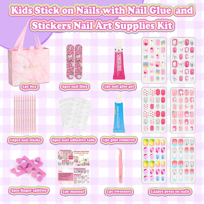 Acejoz 144 Pcs Press on Nails for Kids, Girls Fake Nails with Glue Kit, Cute Nails Tips with Jelly Nail Adhesive Teen Stick ons Acrylic Nails Gift Set for Girls 8-12 - Image 3