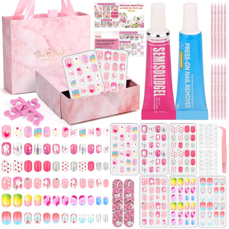 Acejoz 144 Pcs Press on Nails for Kids, Girls Fake Nails with Glue Kit, Cute Nails Tips with Jelly Nail Adhesive Teen Stick ons Acrylic Nails Gift Set for Girls 8-12 - Image 1