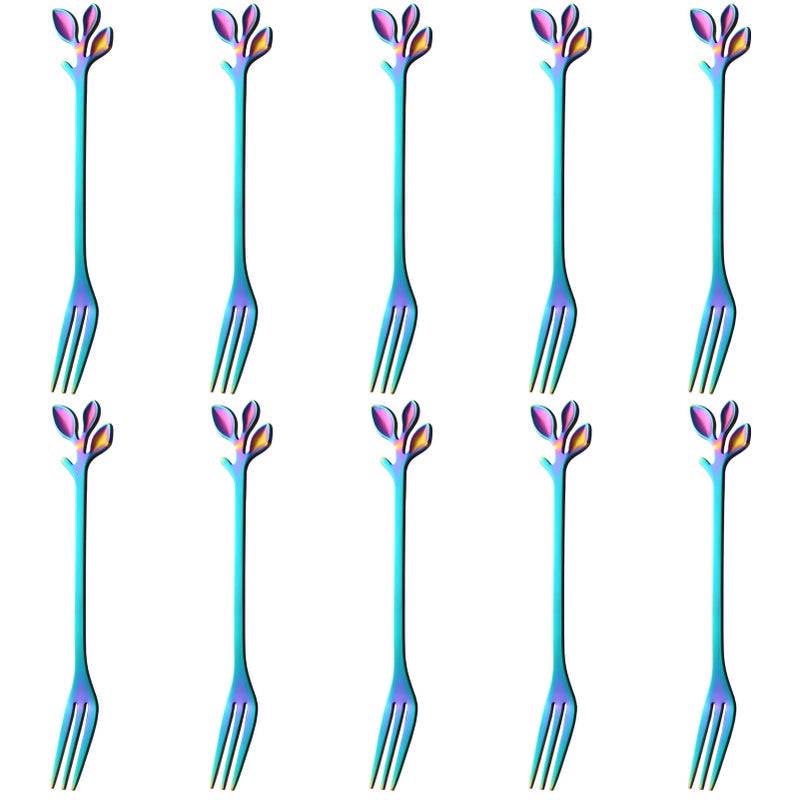 Ansaw 10-Piece Rainbow Mini Leaf Dessert Forks Set - 4.7"" Elegant Stainless Steel Fruit  Appetizer  Cake & Salad Forks - Perfect For Cocktail Parties & Home Use - Image 1