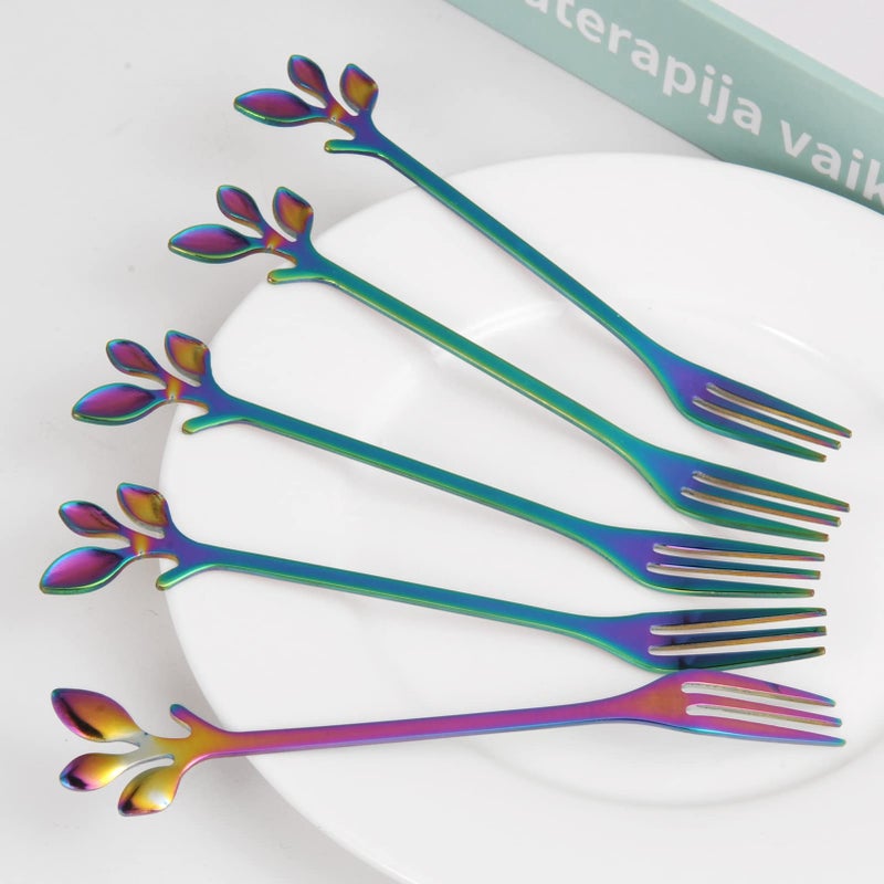 Ansaw 10-Piece Rainbow Mini Leaf Dessert Forks Set - 4.7"" Elegant Stainless Steel Fruit  Appetizer  Cake & Salad Forks - Perfect For Cocktail Parties & Home Use - Image 4