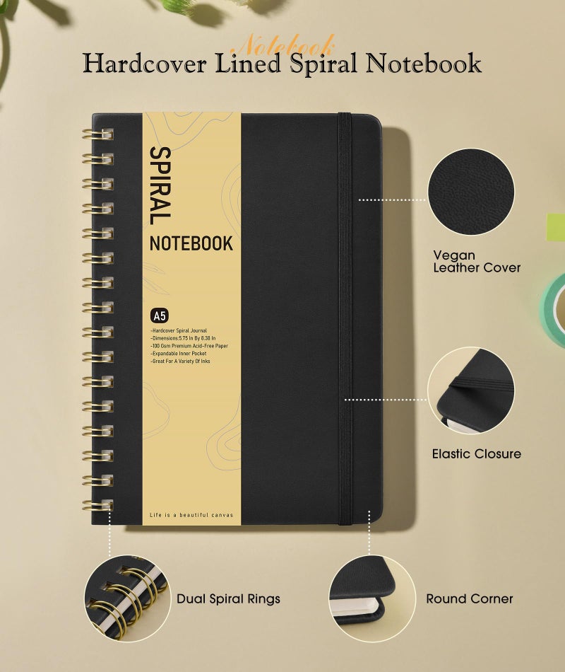PAPEJOON Dotted Spiral Journal Notebook, A5 Hardcover Spiral Journals for Women Men, 100 GSM Dot Grid Paper Notebooks, 150 Pages Spiral Bullet Dotted Notebook for Writing Note Taking 5.75" x 8.38" Black - Image 2