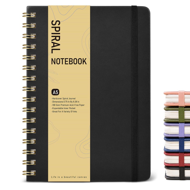 PAPEJOON Dotted Spiral Journal Notebook, A5 Hardcover Spiral Journals for Women Men, 100 GSM Dot Grid Paper Notebooks, 150 Pages Spiral Bullet Dotted Notebook for Writing Note Taking 5.75" x 8.38" Black - Image 1