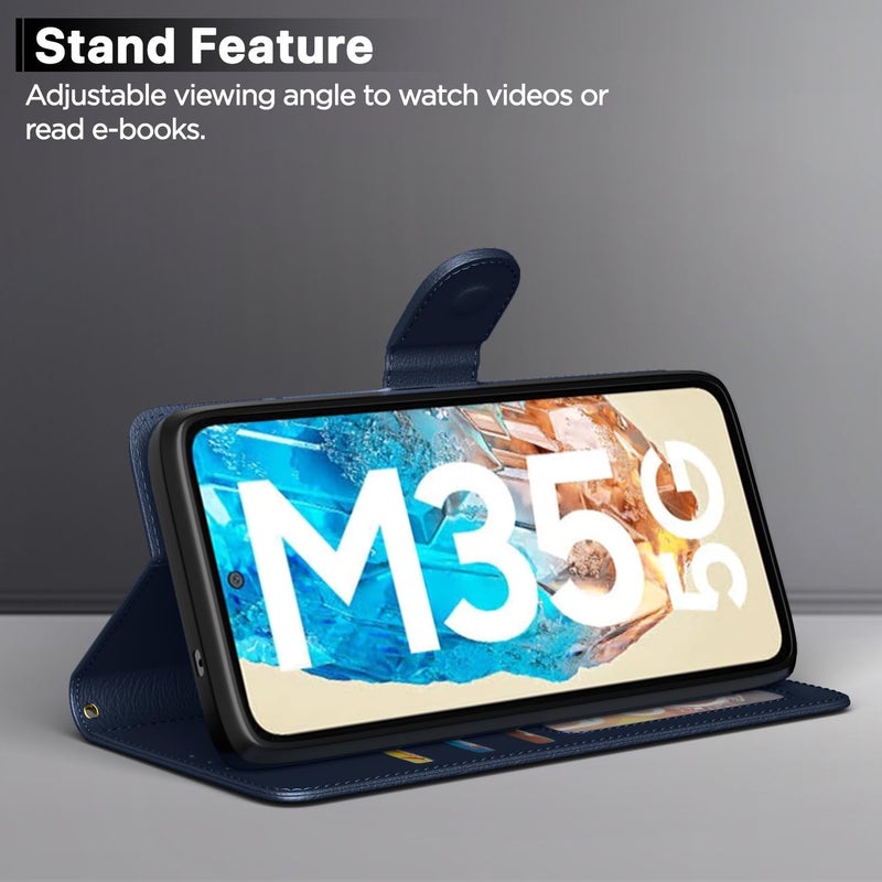 Pikkme Flip Cover Leather Finish | Inside TPU with Card Pockets | Wallet Stand and Shock Proof | Complete Protection Flip Case for Samsung Galaxy M35 5G (Blue) - Image 3