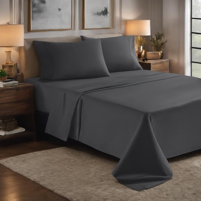 SOLID QUEEN FITTED BEDSHEET SET 1800 TC MICROFIBER 3PIECE BEDDING SHEET SET WITH 2 PILLOWCASESSOFTNESS FITTED BEDSHEET_DARK GREY SOLID_78 X 60QUEEN BED