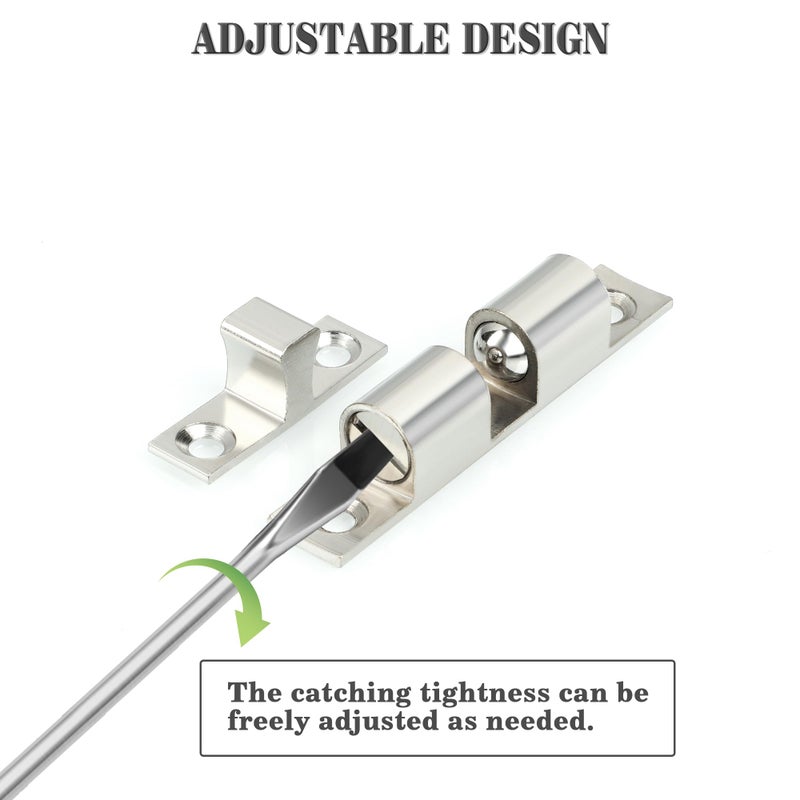 Alise Double Roller Catch Cabinet Latches,Adjustable Double Ball Tension Roller Catch Latch Brass Cabinet Door Latch,67mm Solid Metal Cabinet Latches and Catches,Pack of 4,Silver - Image 5