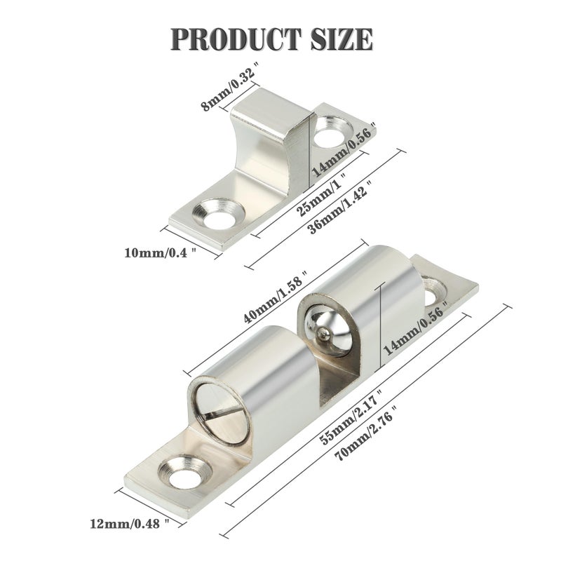 Alise Double Roller Catch Cabinet Latches,Adjustable Double Ball Tension Roller Catch Latch Brass Cabinet Door Latch,67mm Solid Metal Cabinet Latches and Catches,Pack of 4,Silver - Image 2