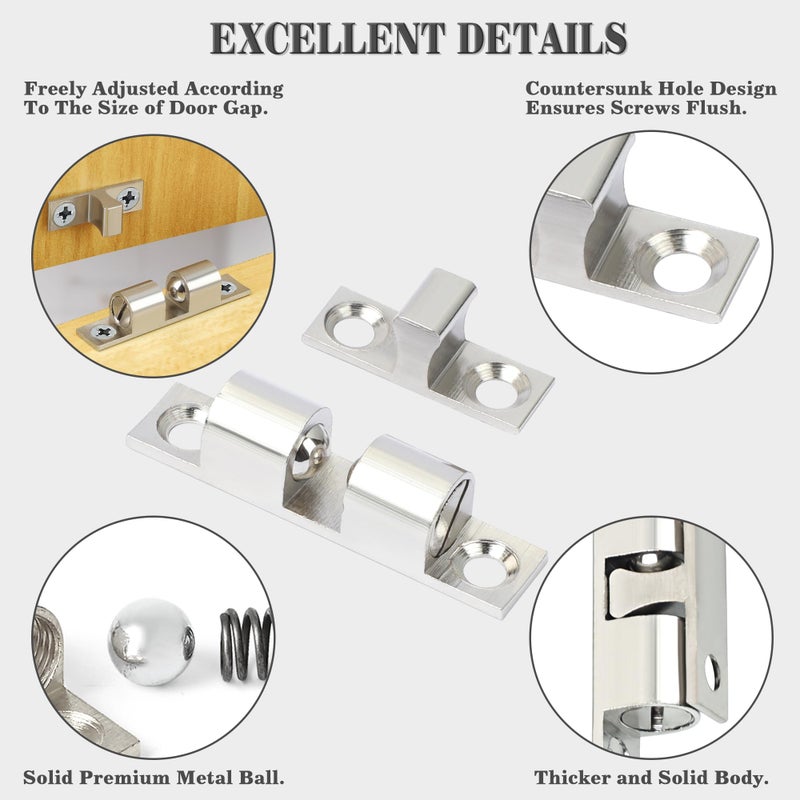 Alise Double Roller Catch Cabinet Latches,Adjustable Double Ball Tension Roller Catch Latch Brass Cabinet Door Latch,67mm Solid Metal Cabinet Latches and Catches,Pack of 4,Silver - Image 4