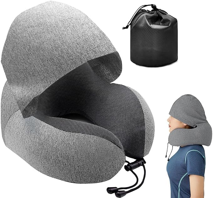 Juflix Juflix 2024 Travel Pillow for Neck Memory Foam Hooded Travel Neck Pillow for Adults Comfortable Neck Pillow for Travel with Hoodie Flight Pillow Airplane Pillow  - Image 1