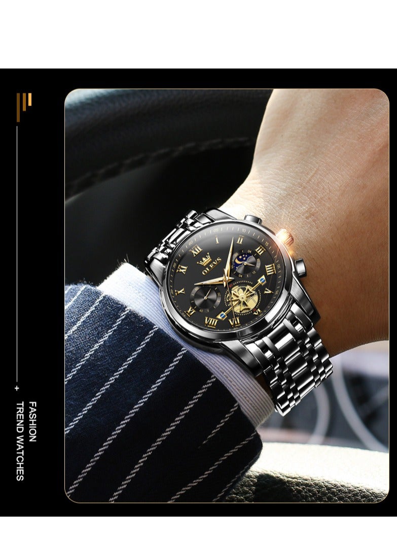 OLEVS Watches for Men Fashion Stainless Steel Quartz Chronograph Water Resistant Watch 42mm 2859 Black - Image 2