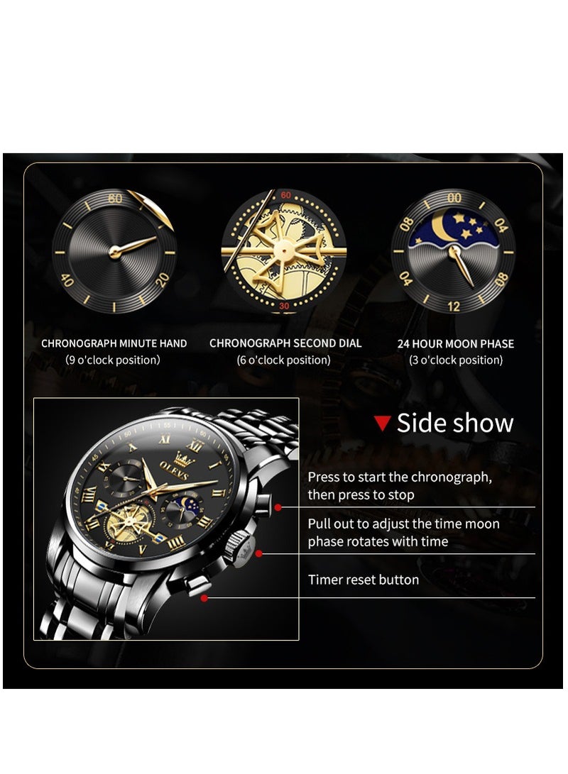 OLEVS Watches for Men Fashion Stainless Steel Quartz Chronograph Water Resistant Watch 42mm 2859 Black - Image 3
