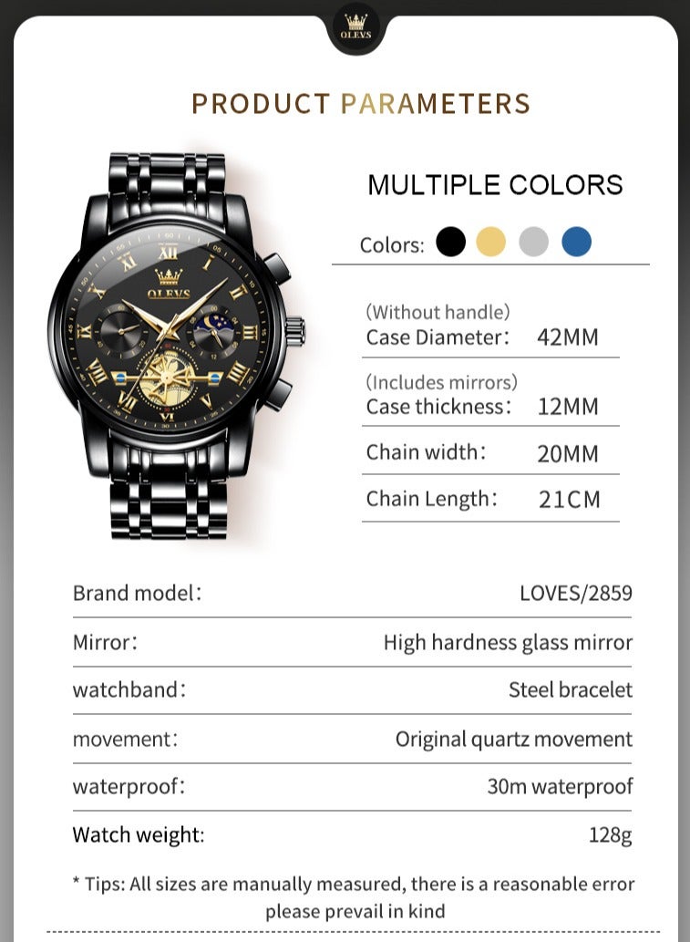 OLEVS Watches for Men Fashion Stainless Steel Quartz Chronograph Water Resistant Watch 42mm 2859 Black - Image 5