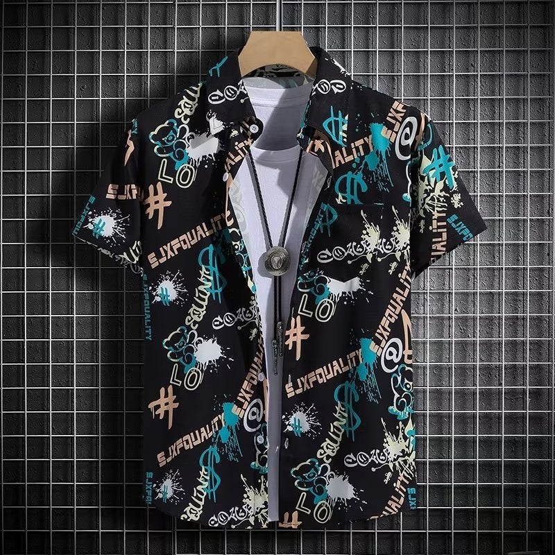 Hawaiian Style Printed Shirt Mens Short-sleeved ins Popular Brand Summer Beach Shirt Loose and Handsome Refreshing Jacket C54 White - Image 5