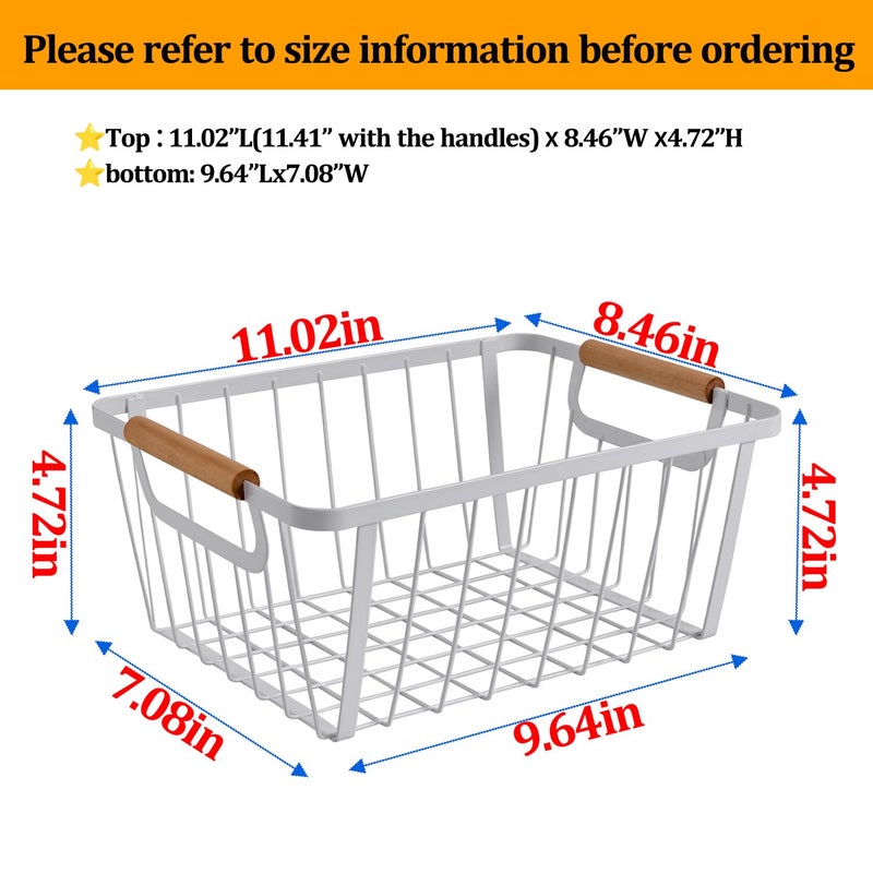 LeleCAT White wire baskets for organizing with Wooden Handle ,Metal Wire Storage Baskets Country Vintage Style Snack Baskets. pantry organizers and storageï¼ŒKitchen,Bedroom,Bathroom,White,Set of 2 - Image 2