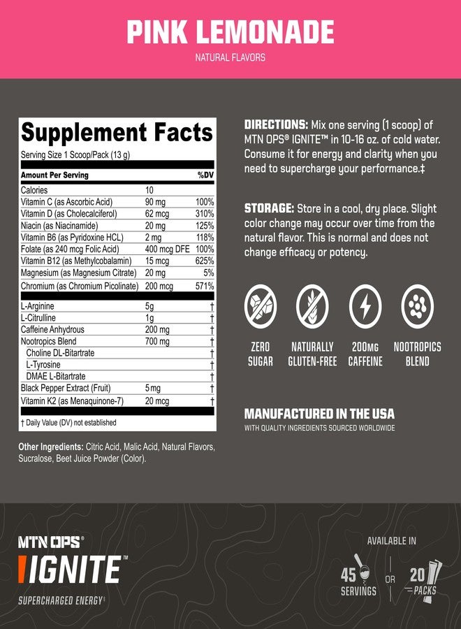 MTN OPS Ignite Energy Drink Powder, Gluten Free Nootropic Supplement Drink Mix, L Arginine, L Citrulline, Caffeine & Nootropic Sugar Free Drink Mix, 45 Servings, Pink Lemonade - Image 3