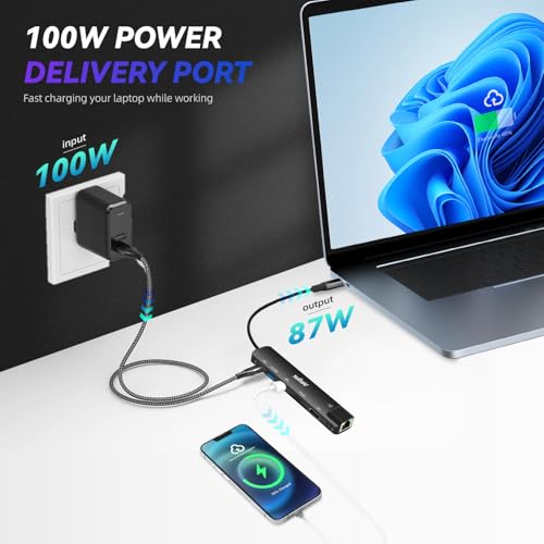 Verilux® USB Hub for Laptop with Ethernet RJ45 7 in 1 USB Type C Hub with 4K@60Hz HDMI for Nintendo Switch 2 SD/TF Card Reader PD Charge Multi USB 3.0 Port for MacBook iPhone with 24CM Cable [Black] - Image 4
