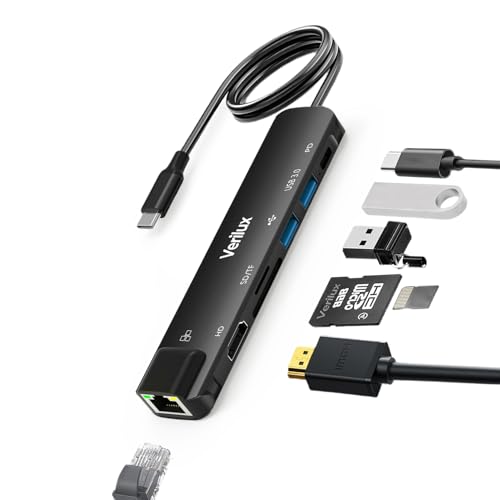 Verilux® USB Hub for Laptop with Ethernet RJ45 7 in 1 USB Type C Hub with 4K@60Hz HDMI for Nintendo Switch 2 SD/TF Card Reader PD Charge Multi USB 3.0 Port for MacBook iPhone with 24CM Cable [Black] - Image 1