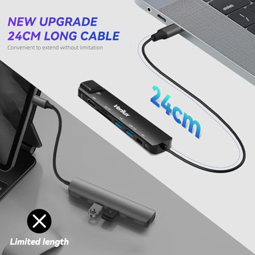 Verilux® USB Hub for Laptop with Ethernet RJ45 7 in 1 USB Type C Hub with 4K@60Hz HDMI for Nintendo Switch 2 SD/TF Card Reader PD Charge Multi USB 3.0 Port for MacBook iPhone with 24CM Cable [Black] - Image 3