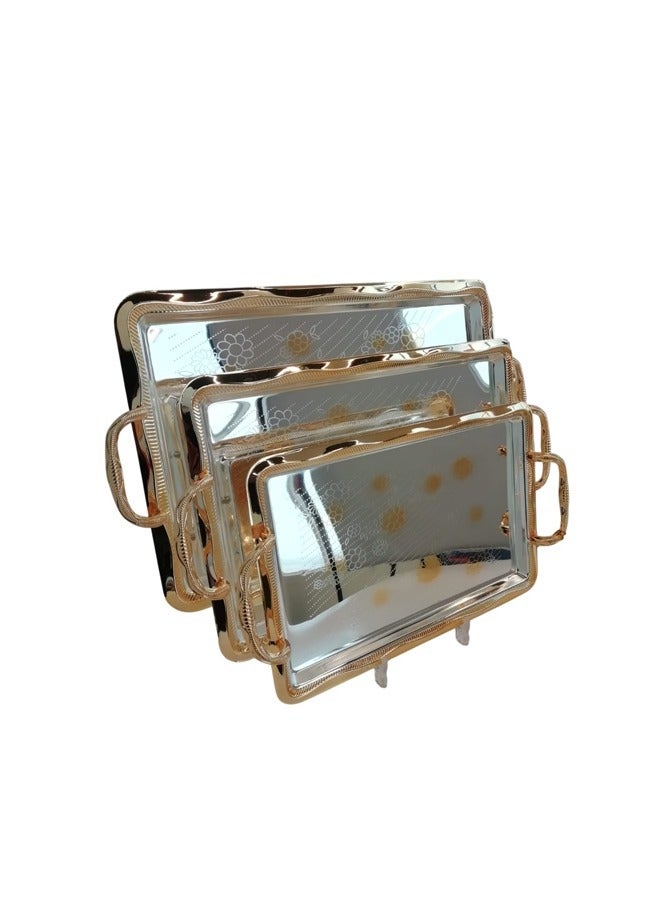 تراست طقم صواني تقديم مستطيلة من الستانلس ستيل مكون من 3 قطع – فضي/ذهبي - Image 1